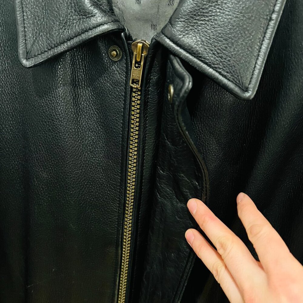 Vintage 90's Perry Ellis Mens Classic Heavyweight Leather Jacket Black Large - Picture 12 of 16